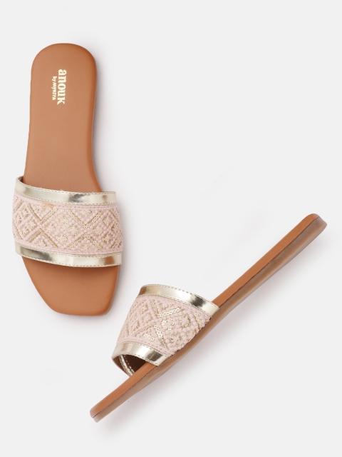 

Anouk Women Pink & Gold-Toned Embroidered Open Toe Flats