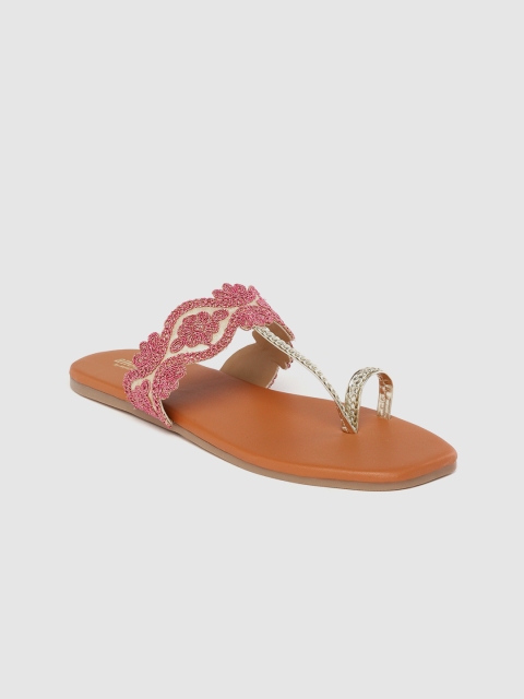 

Anouk Women Gold-Toned & Pink Ethnic Embellished One Toe Flats with Braided Detail