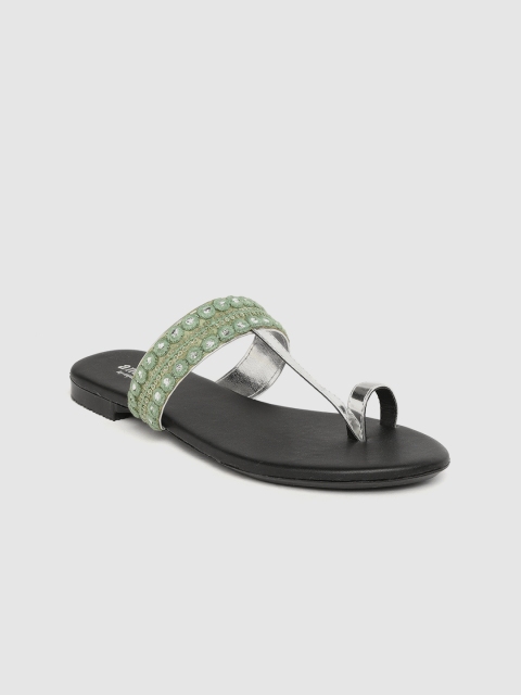

Anouk Women Sea Green & Silver-Toned Embroidered Ethnic One Toe Flats