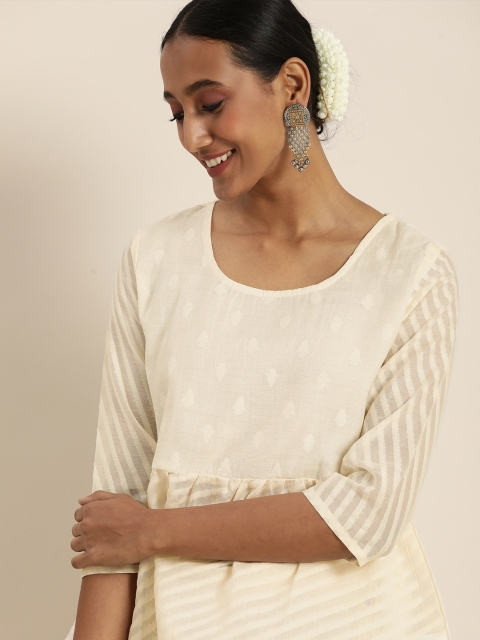 

Taavi Women Off White Cora Woven Design A-line Top with Pleated Detailing