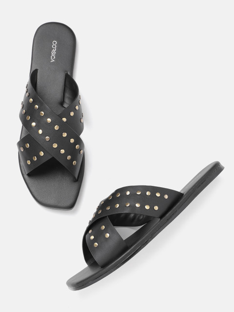 

CORSICA Women Black & Gold-Toned Studded Open Toe Flats
