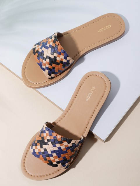 

CORSICA Women Beige & Navy Blue Basketweave Open Toe Flats