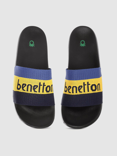 

United Colors of Benetton Men Navy Blue & Yellow Woven Striped Sliders