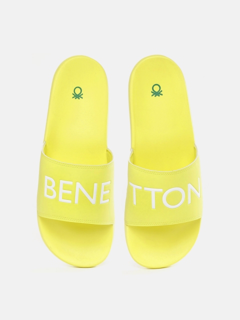 

United Colors of Benetton Men Lime Green & White Typography Print Sliders