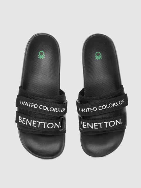 

United Colors of Benetton Men Black & White Brand Logo Print Sliders