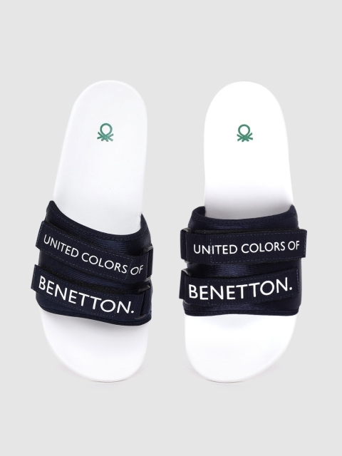 

United Colors of Benetton Men Navy Blue & White Typography Print Sliders