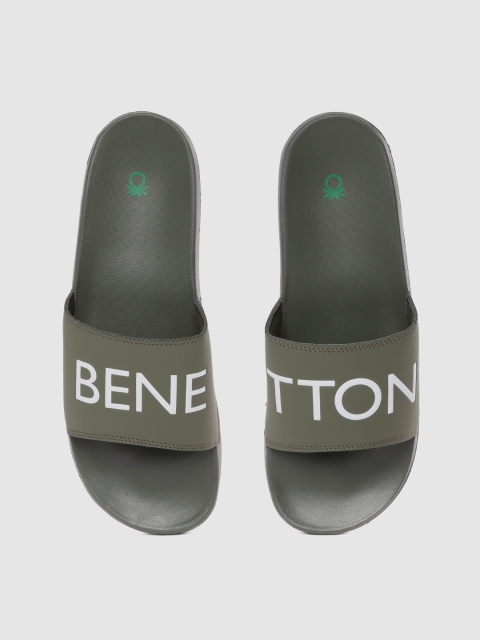 

United Colors of Benetton Men Olive Green & White Typography Print Sliders