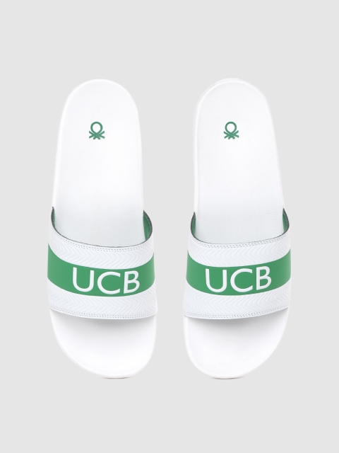 

United Colors of Benetton Men White & Green Typography Print Sliders