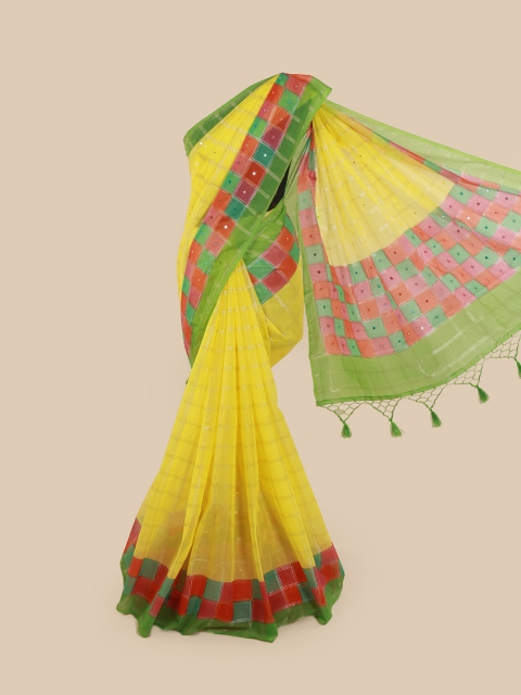 

Pothys Yellow & Green Cotton Blend Checked Saree