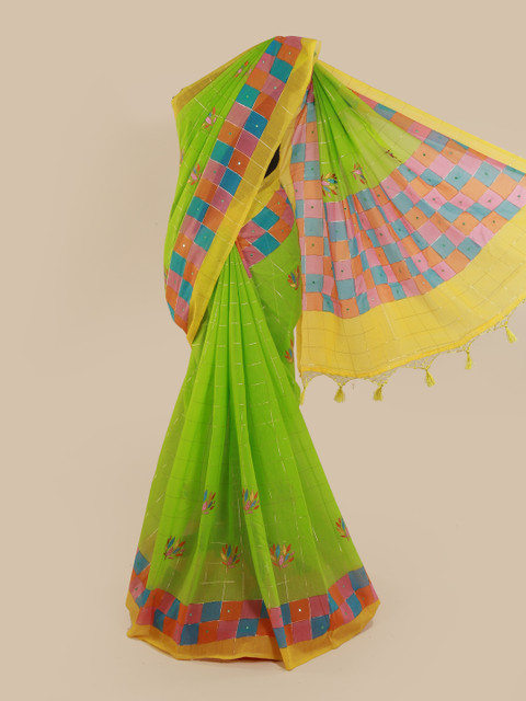 

Pothys Green Checked Cotton Blend Saree