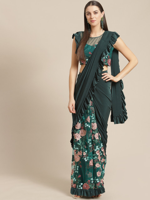 

Mitera Green Kutchi Embroidered Half n Half Ready To Wear Ruffle Saree