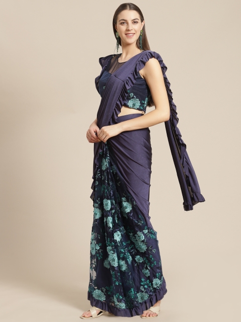 

Mitera Navy Blue & Green Kutchi Embroidered Half n Half Ready To Wear Ruffle Saree