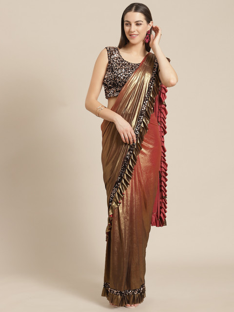 

Mitera Coral Red & Golden Dual Tone Effect Ready To Wear Ruffle Saree