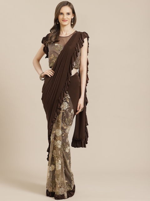 

Mitera Brown & Golden Floral Embroidery Pleated Ready to Wear Half & Half Ruffle Saree