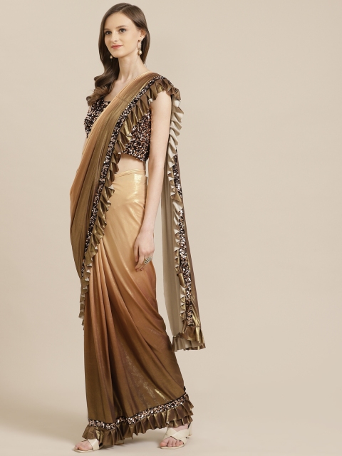

Mitera Golden Ombre Tone Shimmer Finish Pleated Ready to Wear Ruffle Saree, Gold