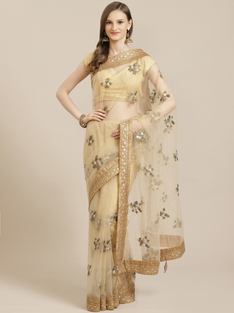 

Mitera Beige & Silver Net Floral Sequin Saree