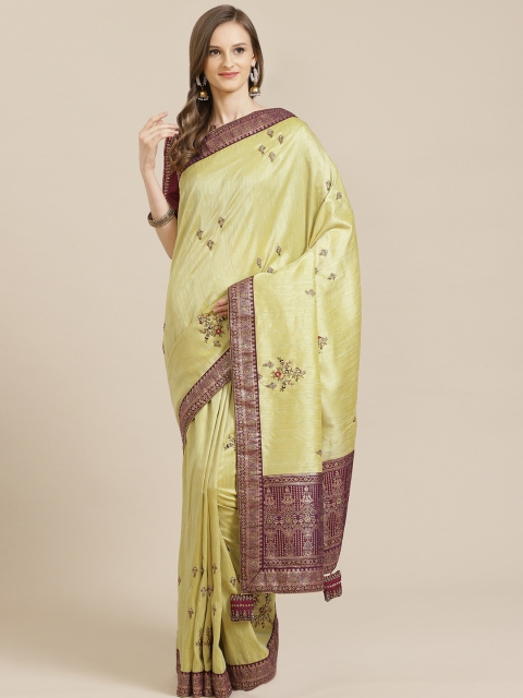 

Mitera Lime Green & Burgundy Resham Work Saree