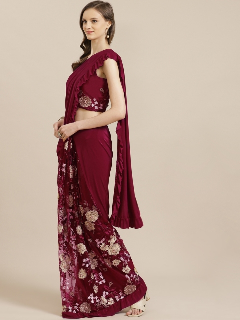 

Mitera Maroon & Golden Net Floral Embroidery Pleated Ready to Wear Ruffle Saree