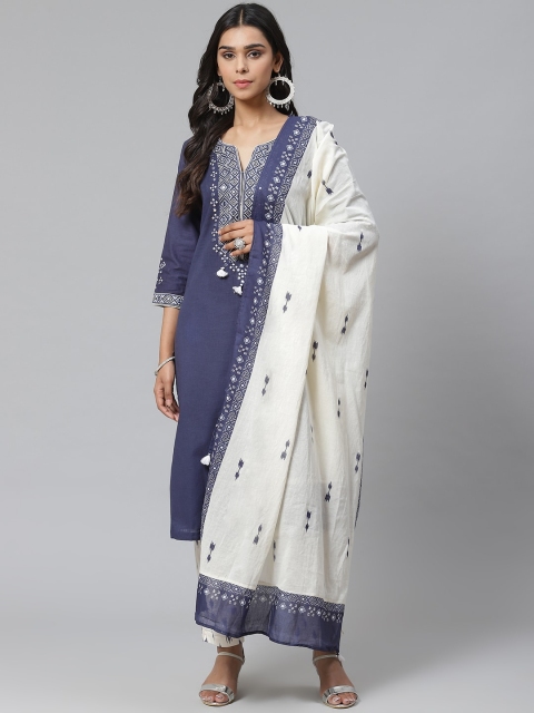 

Biba Women Navy Blue & Off-White Yoke Design Kurta with Trousers & Dupatta, Multi