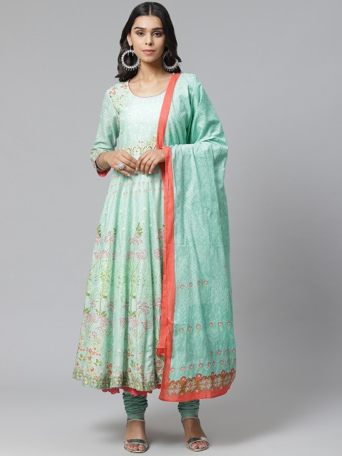 

Biba Women Green & Pink Printed Kurta with Churidar & Dupatta
