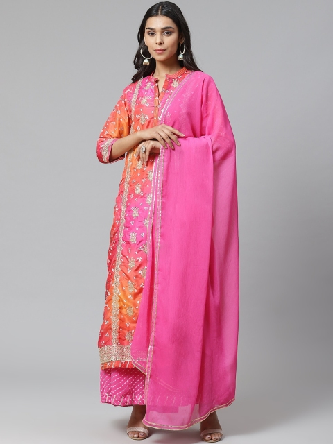 

Biba Women Pink & Orange Bandhani Print Layered Kurta with Churidar & Dupatta