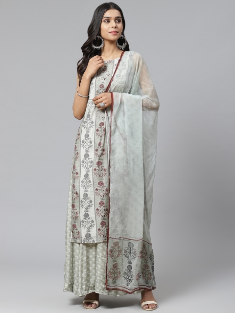 

Biba Women Off-White & Grey Printed Kurta with Palazzos & Dupatta