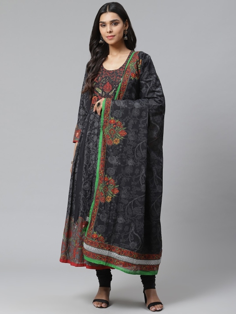 

Biba Women Black & Grey Printed Kurta with Churidar & Dupatta