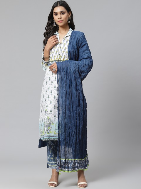 

Biba Women Off-White & Blue Printed Kurta with Trousers & Dupatta