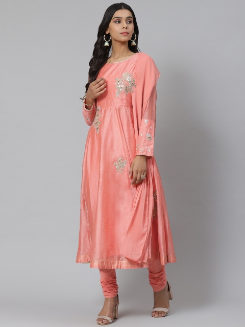 

Biba Women Peach-Coloured & Golden Embroidered Kurta with Churidar with Attached Dupatta