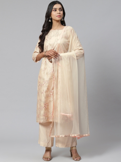

Biba Women Cream-Coloured & Off-White Embroidered Kurta with Palazzos & Dupatta