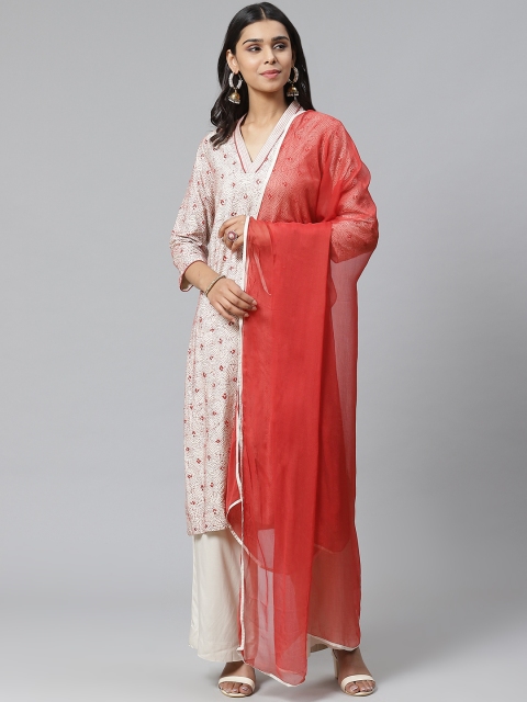 

Biba Women Beige & Red Embroidered Kurta with Palazzos & Dupatta