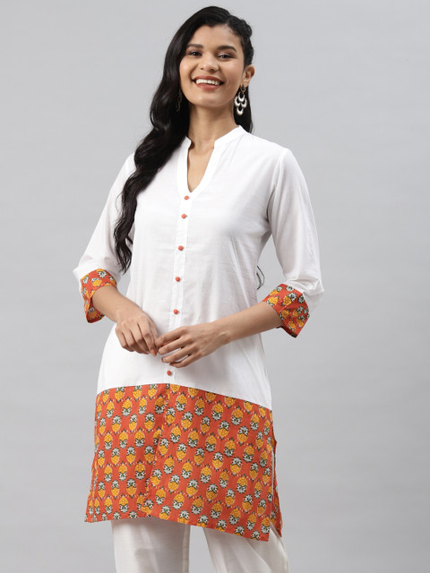 

Readiprint Fashions Women White & Orange Solid Pure Cotton Kurta