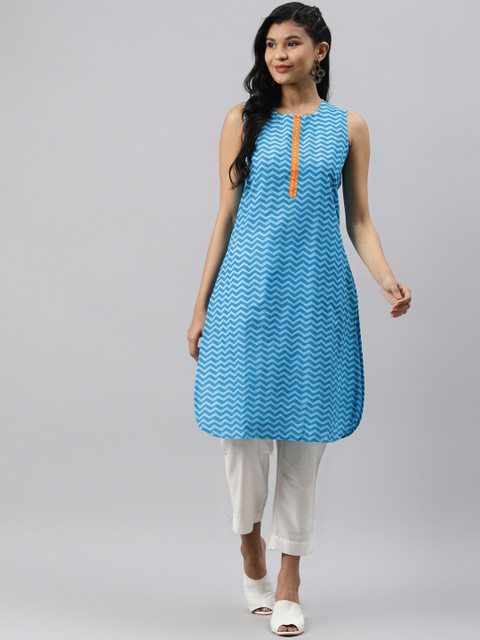

Readiprint Fashions Women Blue Chevron Printed Pure Cotton Kurta