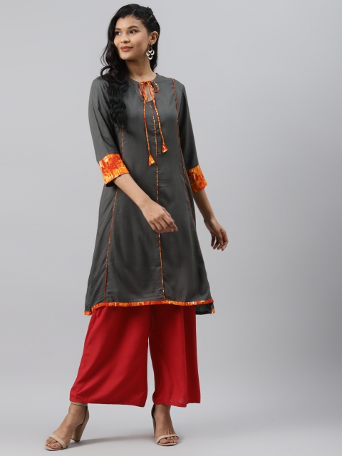 

Readiprint Fashions Women Charcoal Grey Solid Tie-Up Neck A-Line Kurta