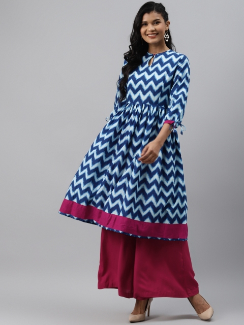 

Readiprint Fashions Women Blue Chevron Printed Keyhole Neck Kurta