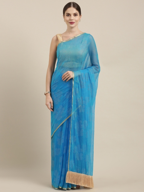 

GoSriKi Blue Poly Chiffon Embellished Pochampally Saree