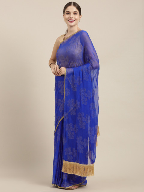 

GoSriKi Blue Poly Chiffon Embellished Pochampally Saree