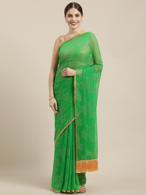 

GoSriKi Green Poly Chiffon Embellished Pochampally Saree
