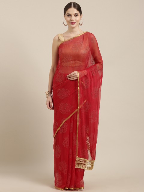 

GoSriKi Red Poly Chiffon Embellished Saree
