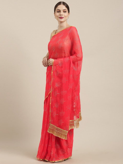 

GoSriKi Red Embellished Poly Chiffon Saree