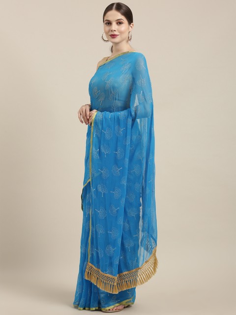

GoSriKi Turquoise Blue & Golden Poly Chiffon Embellished Saree