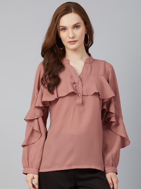 

plusS Brown Solid Mandarin Collar Ruffled Top