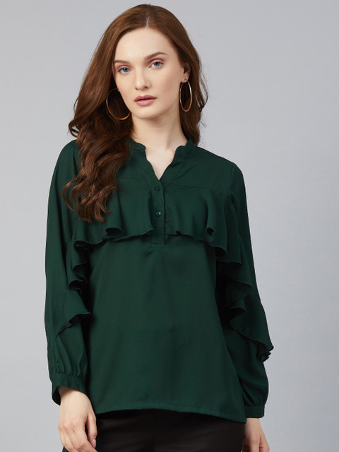 

plusS Teal Green Solid Mandarin Collar Ruffled Top