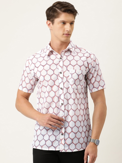 

Burnt Umber Men White & Orange Regular Fit Hand Block Printed Casual Shirt