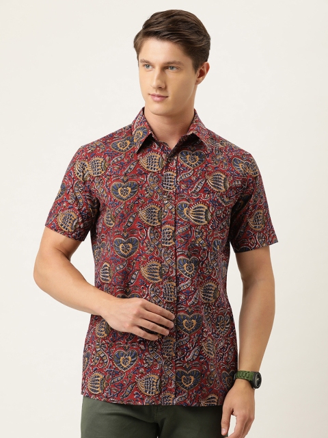 

Burnt Umber Men Rust Red & Blue Regular Fit Bagru Hand Block Printed Casual Shirt