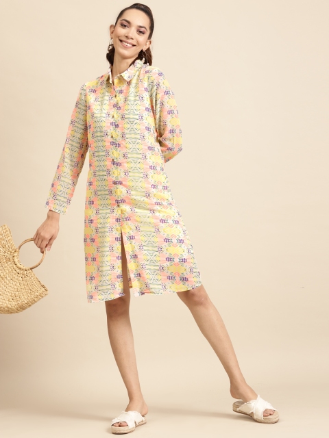

DODO & MOA Women Off-White & Yellow Printed Shirt Dress