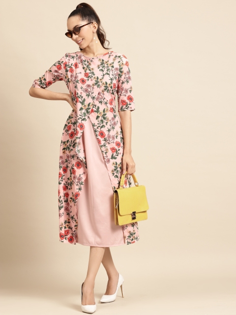 

DODO & MOA Women Peach-Coloured & Green Floral Printed Layered Wrap Dress