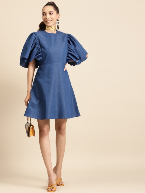 

DODO & MOA Women Blue Solid Denim Power Shoulder A-Line Dress