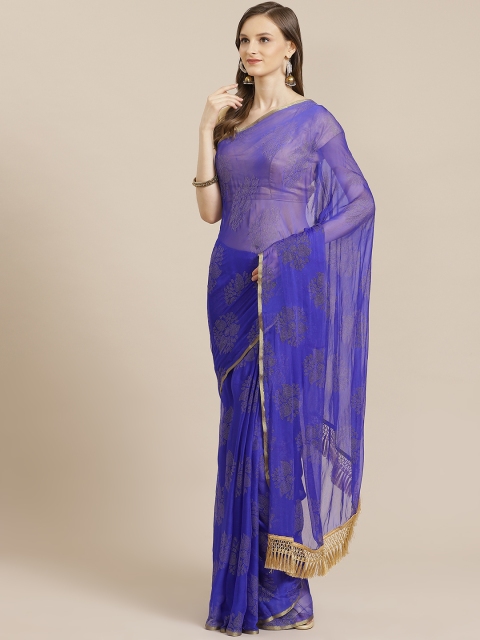 

KALINI Blue & Golden Poly Chiffon Embellished Saree, Navy blue