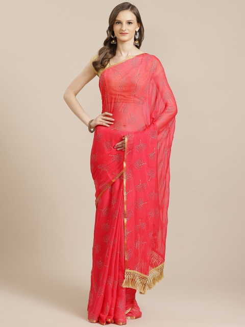

KALINI Coral Red & Golden Poly Chiffon Embellished Saree